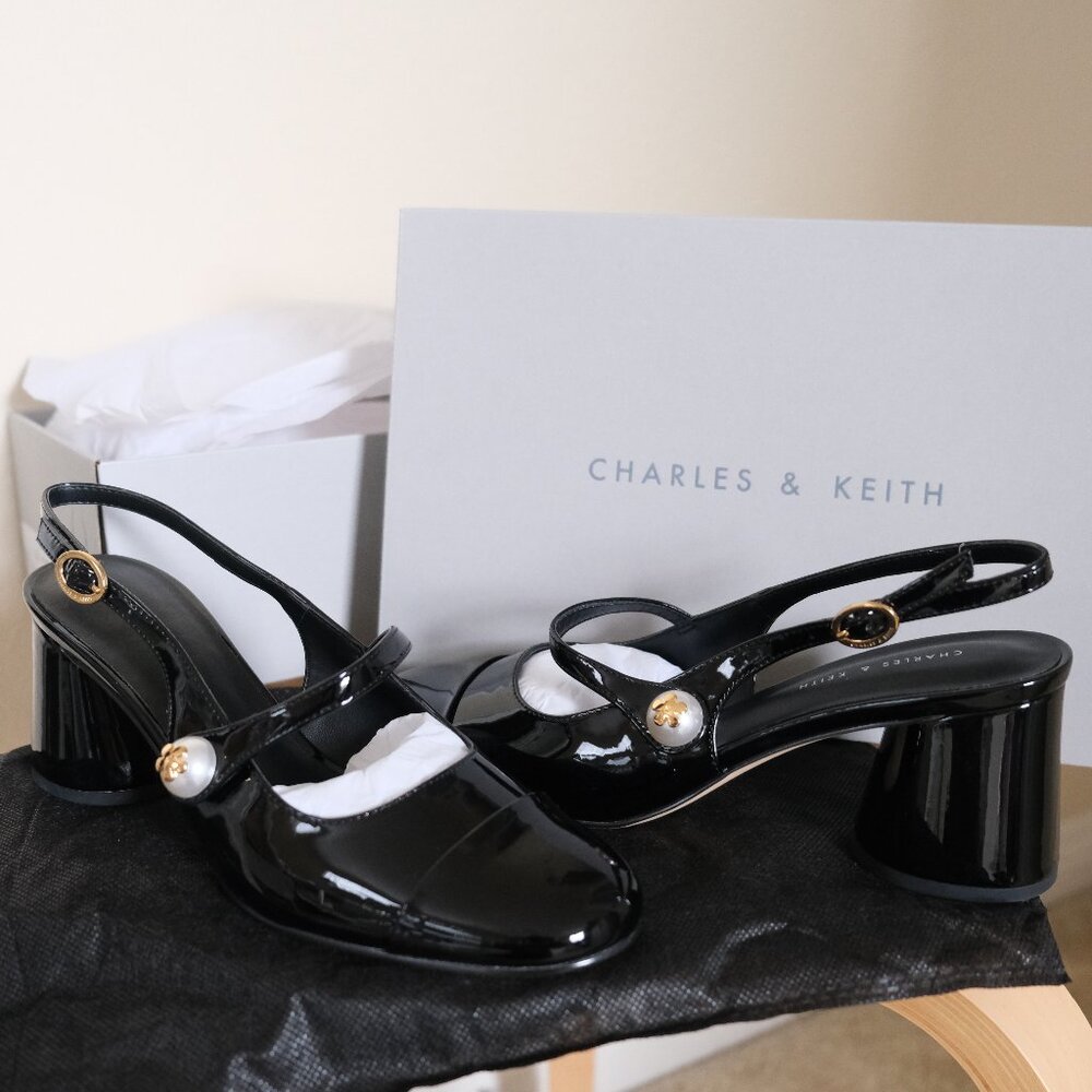 Charles & Keith Aeryn Patent Pearl-Embellished Slingback Pumps (US 7)